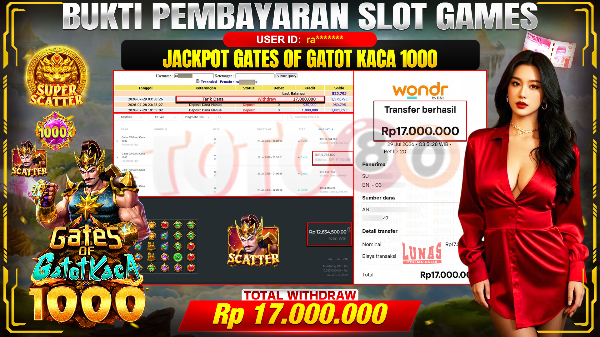 💰🎉 TOTO80 – JACKPOT SLOT GATES OF GATOT KACA 1000 RP. 17,000,000,- TELAH DIBAYARKAN!💰🎉