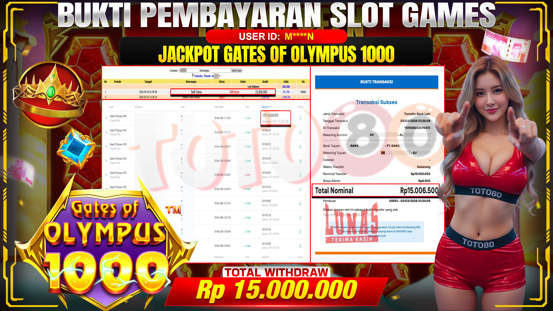 🎉 TOTO80 – JACKPOT SLOT GATES OF OLIMPUS 1000 RP. 15,000,000,- TELAH DIBAYARKAN! 🎉