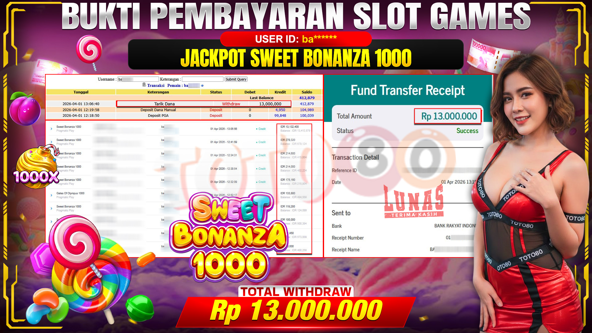 💰🎉 TOTO80 – JACKPOT SLOT SWEET BONANZA 1000  RP. 13,000,000,- TELAH DIBAYARKAN!💰🎉