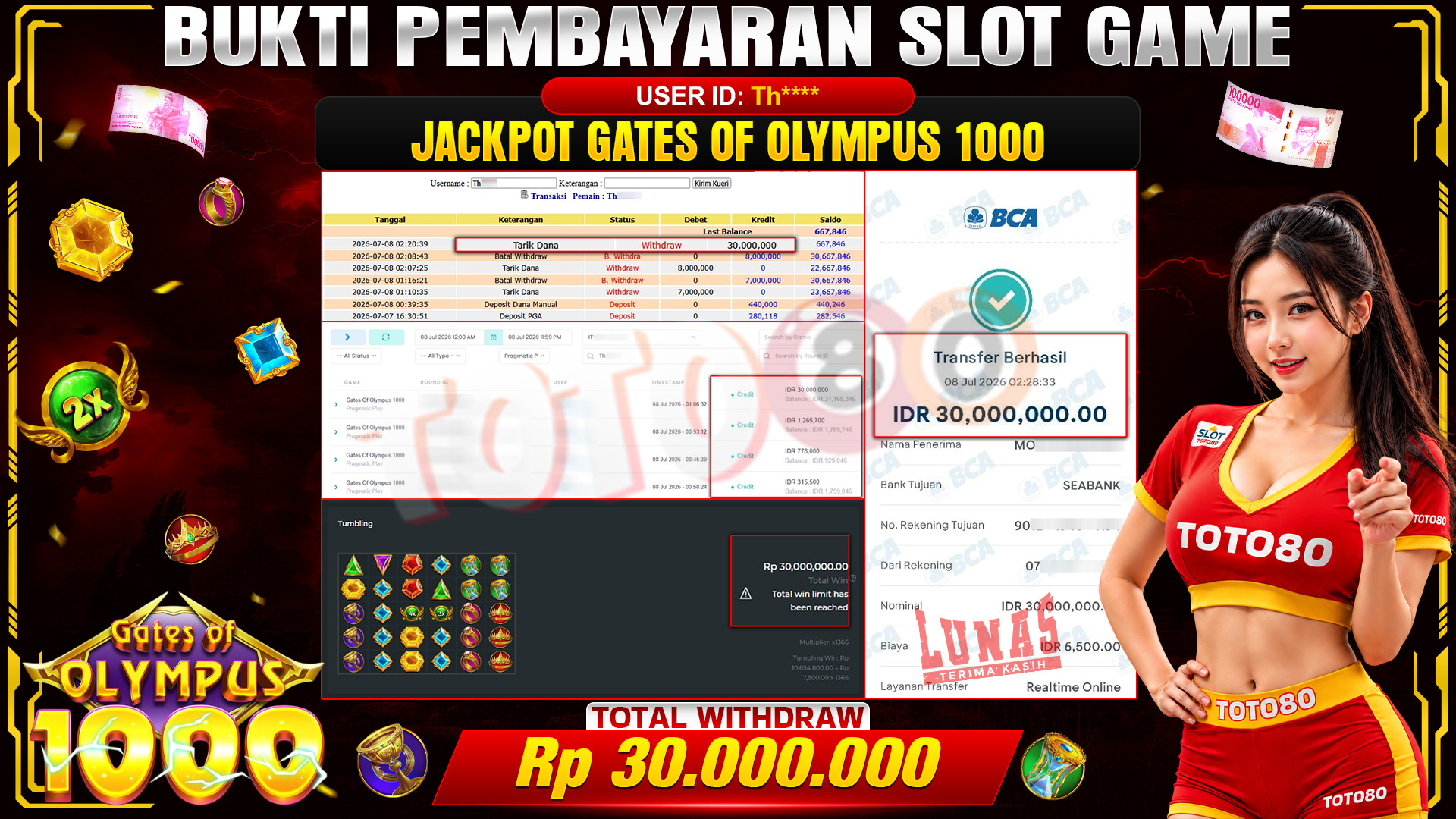 💰🎉 TOTO80 – JACKPOT SLOT GATES OF OLYMPUS 1000  RP. 30,000,000,- TELAH DIBAYARKAN!💰🎉