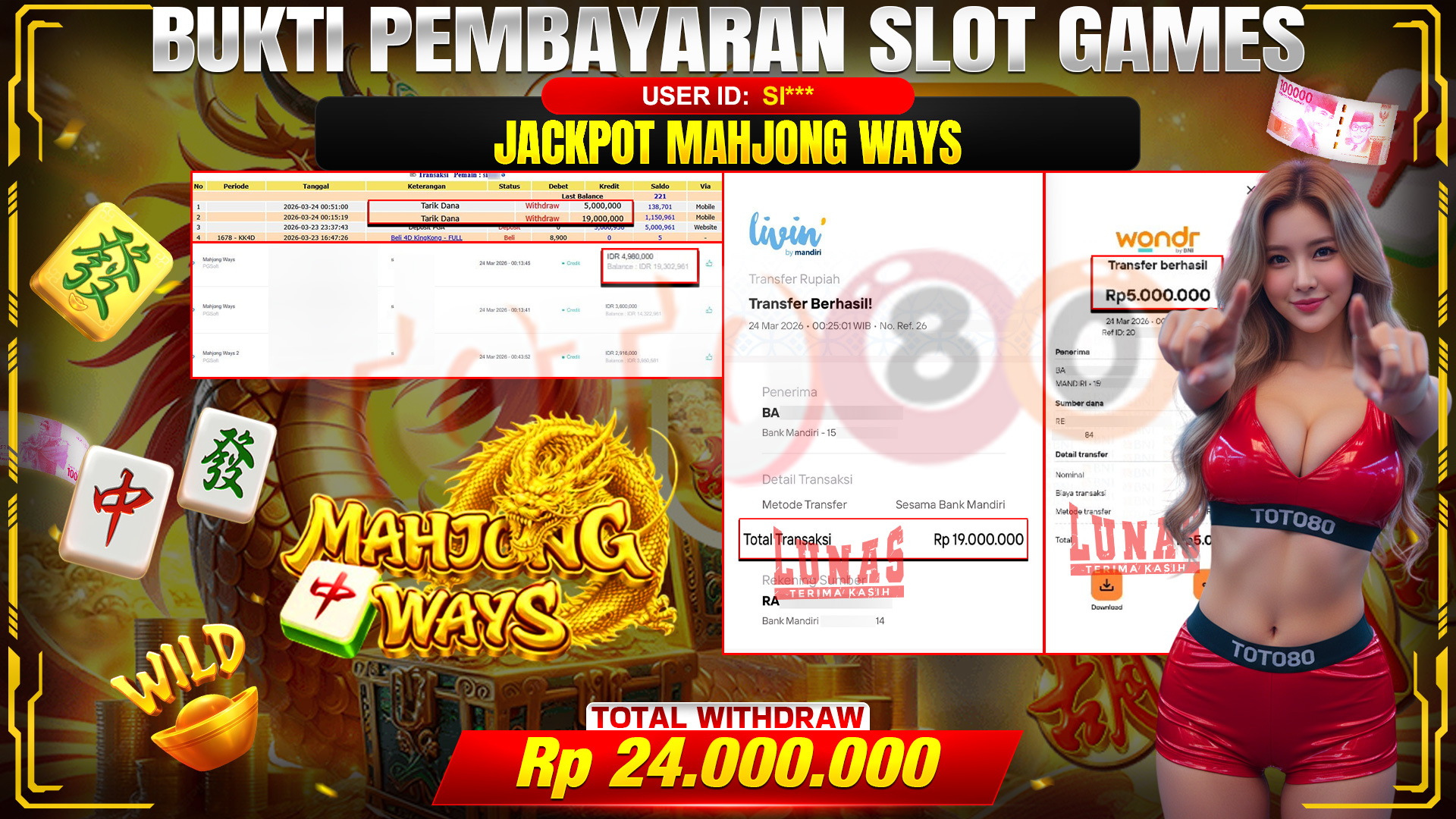 💰🎉TOTO80 – JACKPOT SLOT MAHJONG WAYS  RP. 24,000,000,- TELAH DIBAYARKAN! 💰🎉