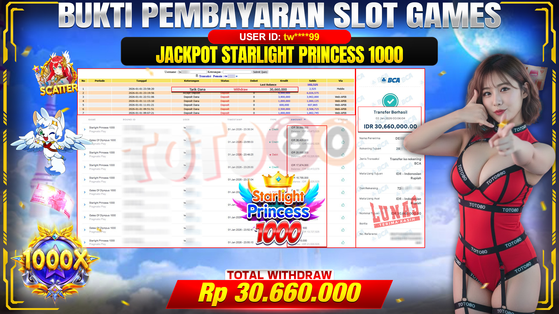 🎉 TOTO80 – JACKPOT SLOT STARLIGHT PRINCESS 1000 RP. 30,660,000,- TELAH DIBAYARKAN! 🎉
