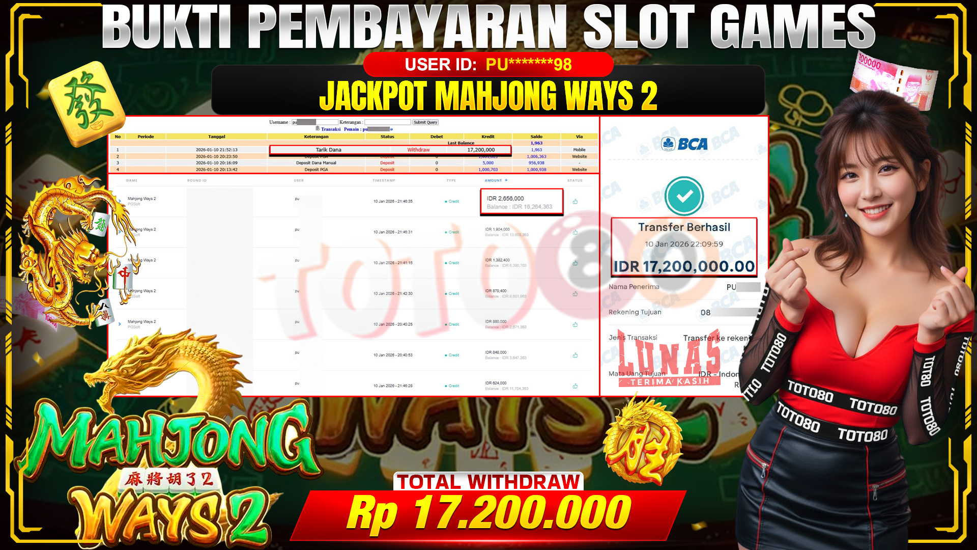 🎉 TOTO80 – JACKPOT SLOT MAHJONG WAYS 2 RP. 17,200,000,- TELAH DIBAYARKAN! 🎉