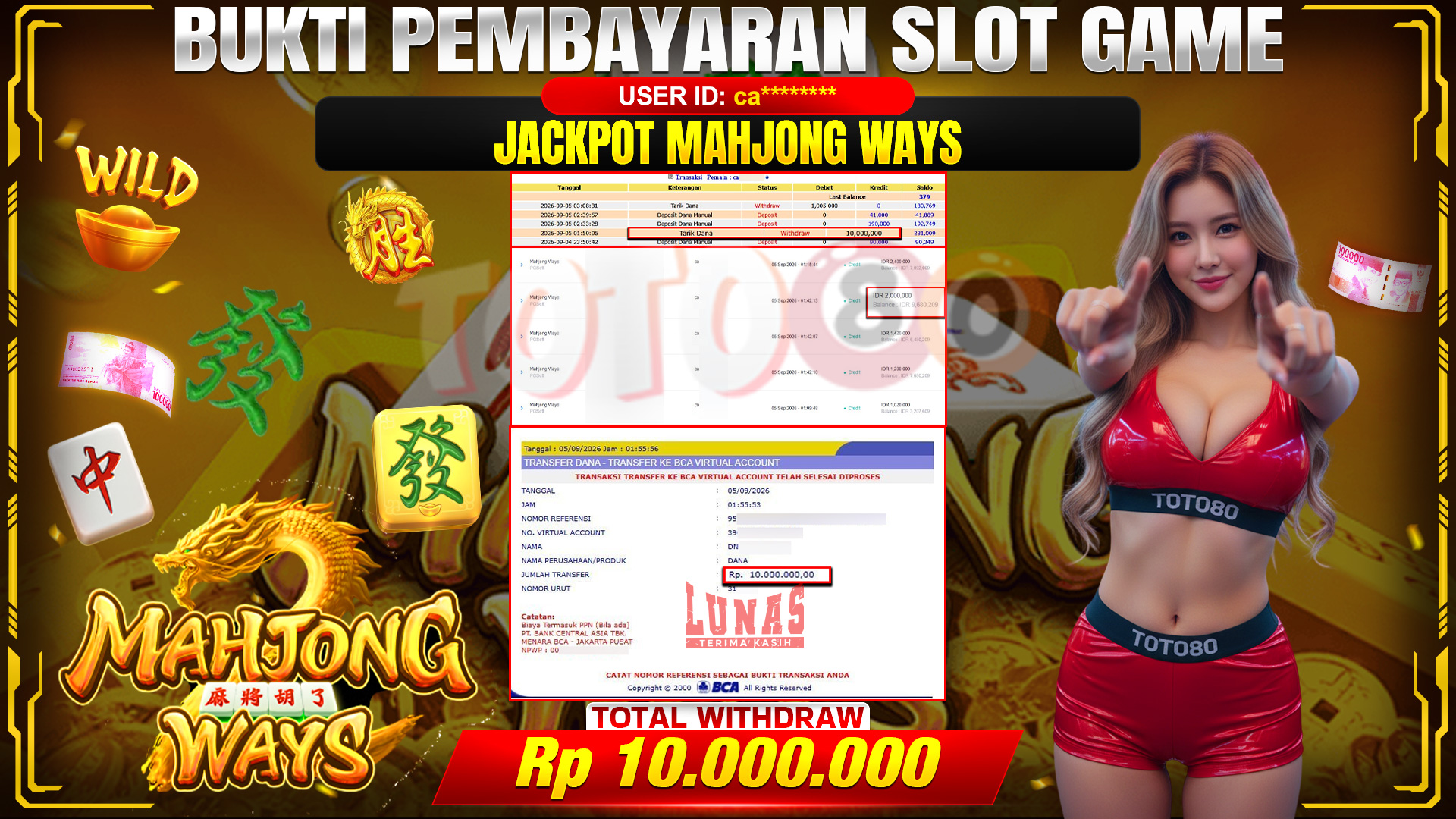 💰🎉 TOTO80 – JACKPOT SLOT MAHJONG  WAYS  RP. 10,000,000,-  TELAH DIBAYARKAN!💰🎉