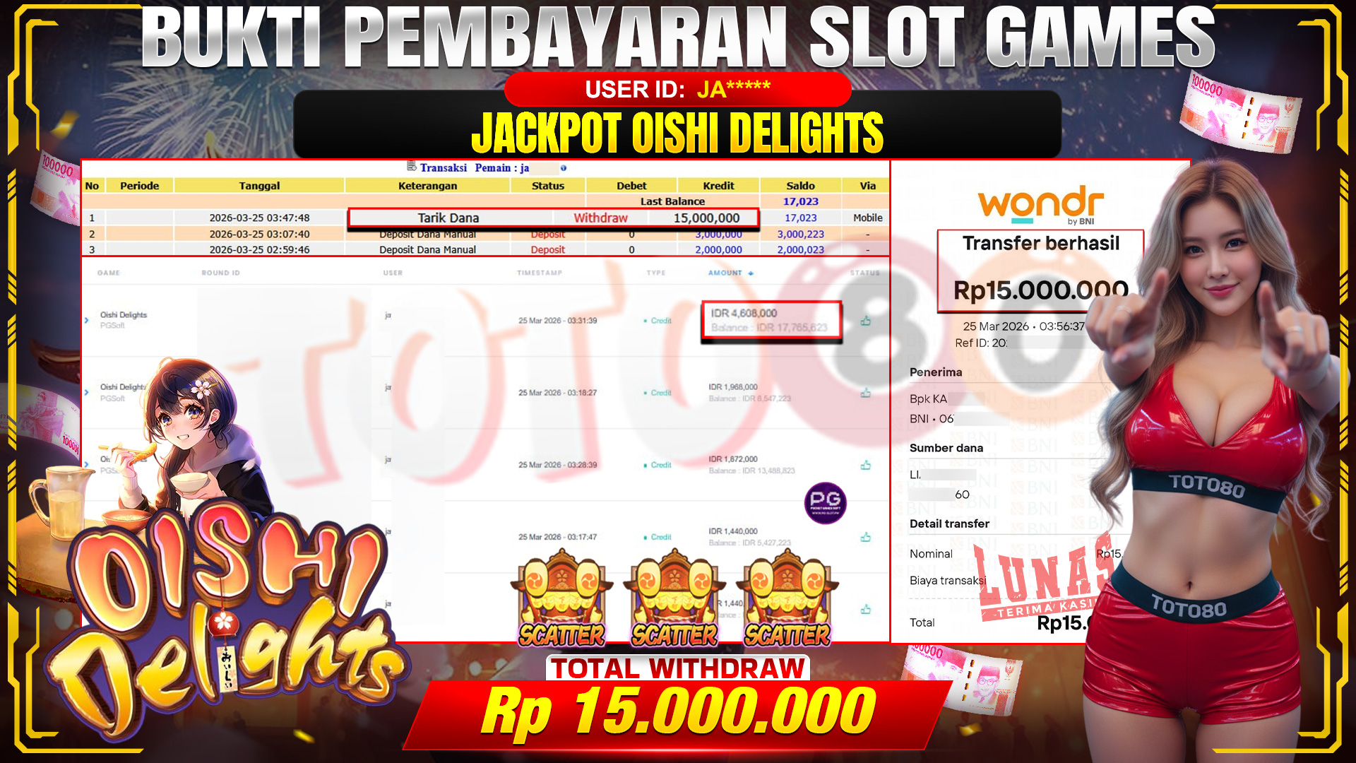 💰🎉TOTO80 – JACKPOT SLOT OISHI DELIGHTS  RP. 15,000,000,- TELAH DIBAYARKAN! 💰🎉