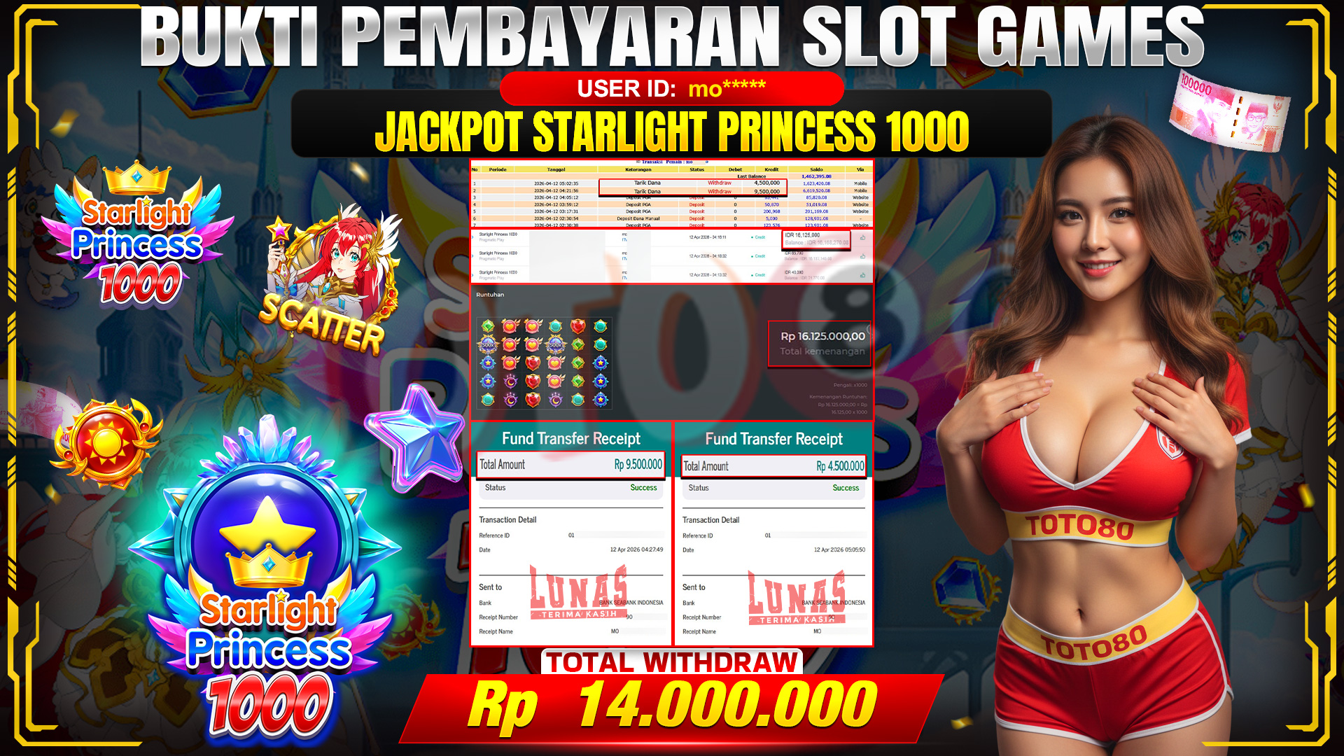 💰🎉 TOTO80 – JACKPOT SLOT STARLIGHT PRINCES 1000 RP. 14,000,000,- TELAH DIBAYARKAN! 💰🎉