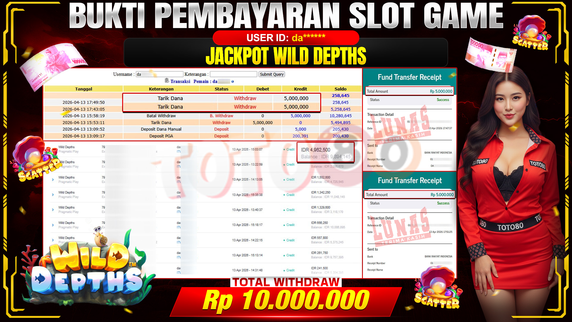 💰🎉 TOTO80 – JACKPOT SLOT WILD DEPTHS  RP. 10,000,000,- TELAH DIBAYARKAN!💰🎉