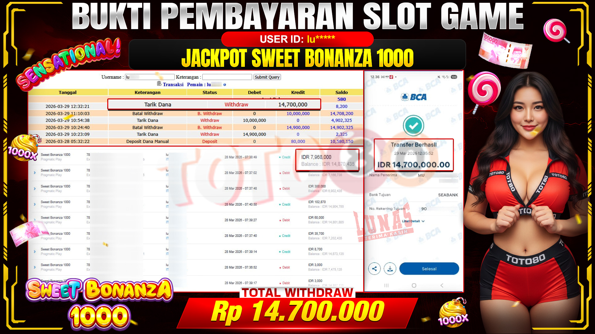 💰🎉TOTO80 – JACKPOT SLOT SWEET BONANZA 1000  RP. 14,700,000,- TELAH DIBAYARKAN! 💰🎉
