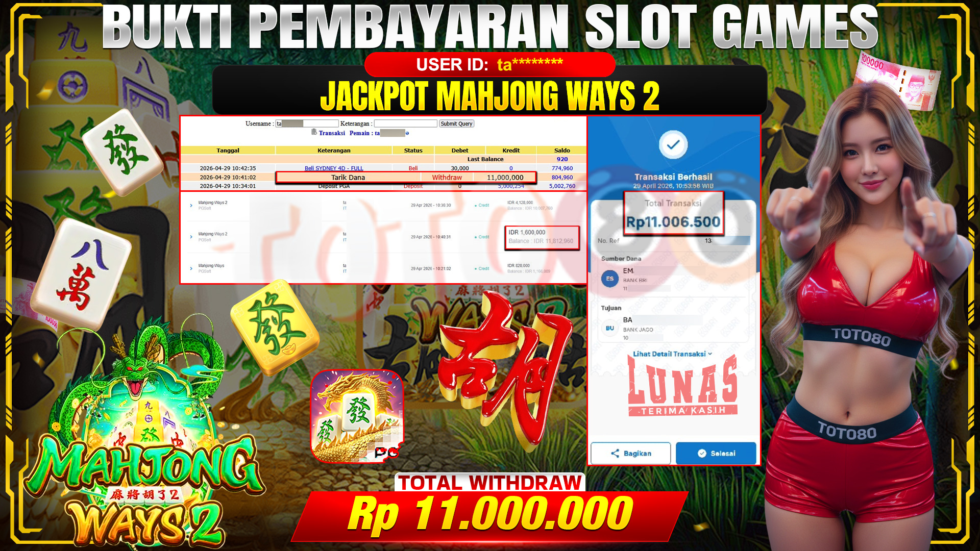 💰🎉 TOTO80 – JACKPOT SLOT MAHJONG WAYS 2 RP. 11,000,000,-  TELAH DIBAYARKAN!💰🎉