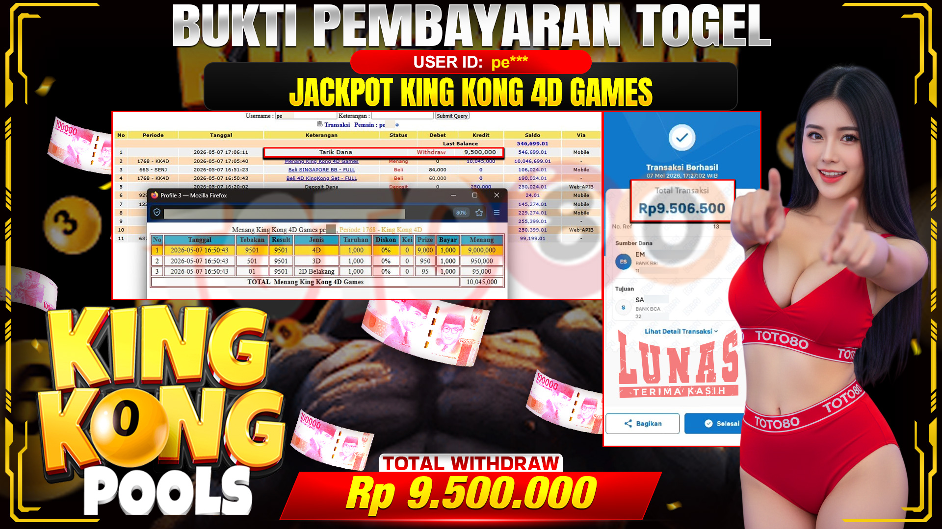 💰🎉 TOTO80 – JACKPOT TOGEL KINGKONG 4D P1 RP. 9,500,000,- TELAH DIBAYARKAN!💰🎉