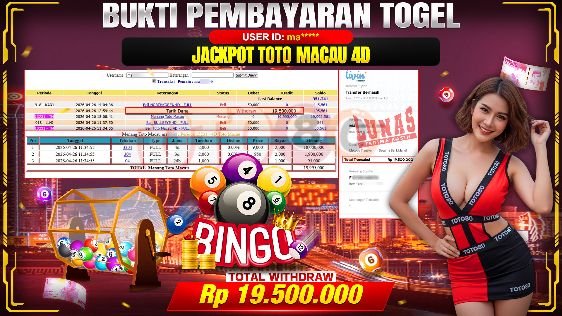 💰🎉 TOTO80 – JACKPOT TOGEL TOTO MACAU 4D RP. 19,500,000,- TELAH DIBAYARKAN!💰🎉
