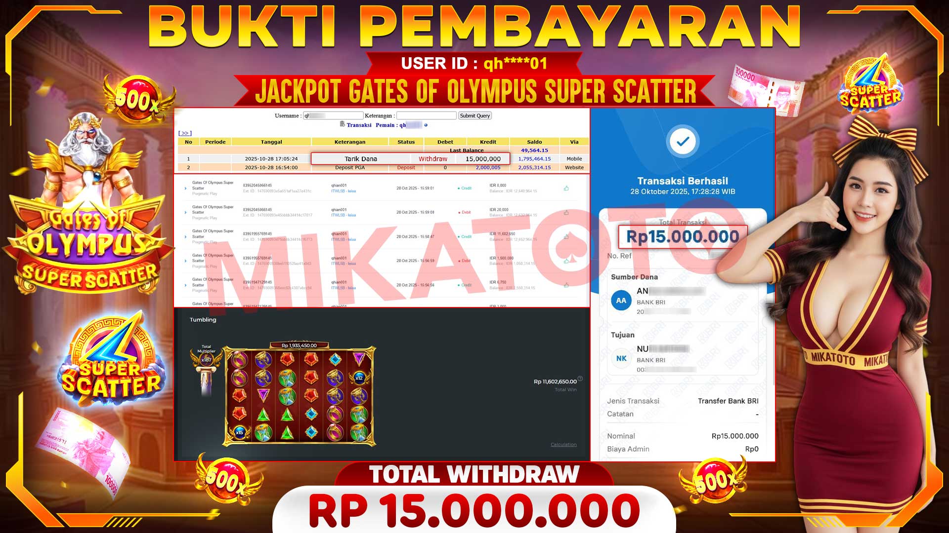 🏆 SELAMAT KEPADA PEMENANG JACKPOT DI Gates Of Olympus Super Scatter - Pragmatic Play 15,000,000🏆