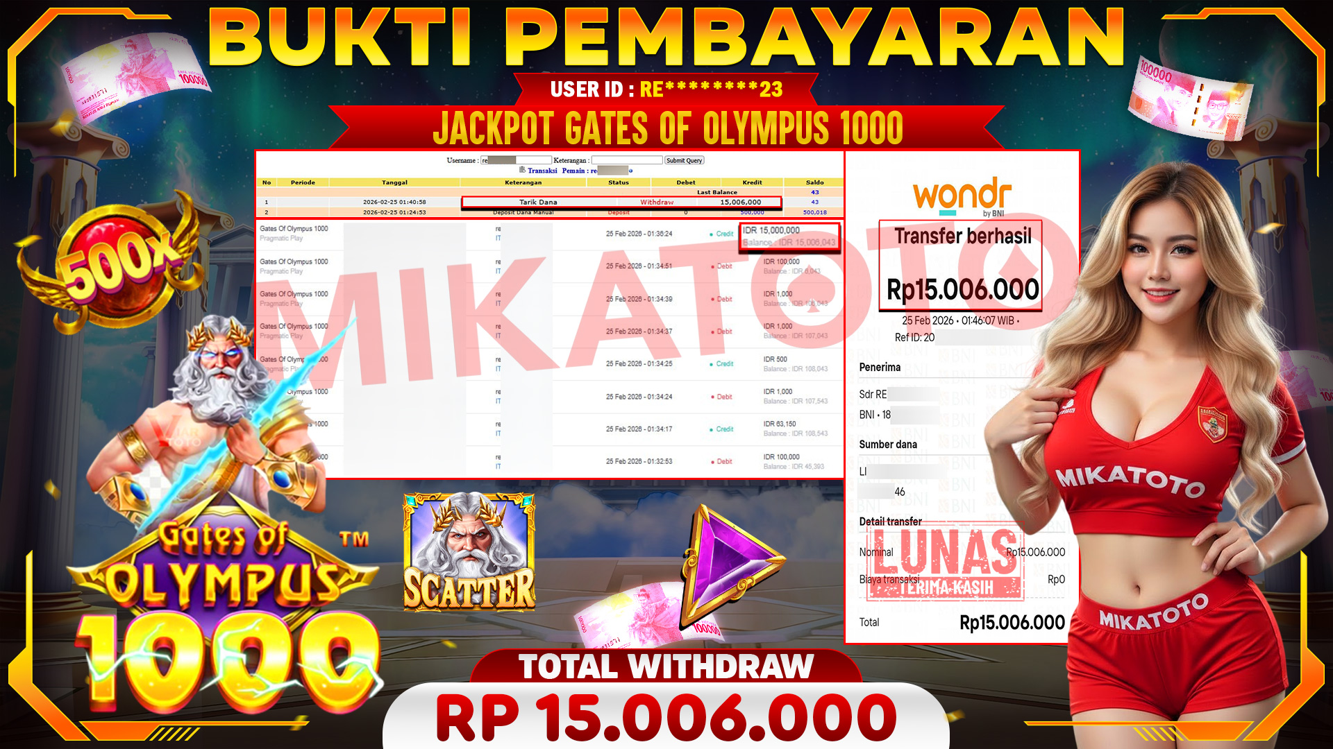 🏆 SELAMAT KEPADA PEMENANG JACKPOT DI Gates Of Olympus 1000 - Pragmatic Play 15,006.000🏆