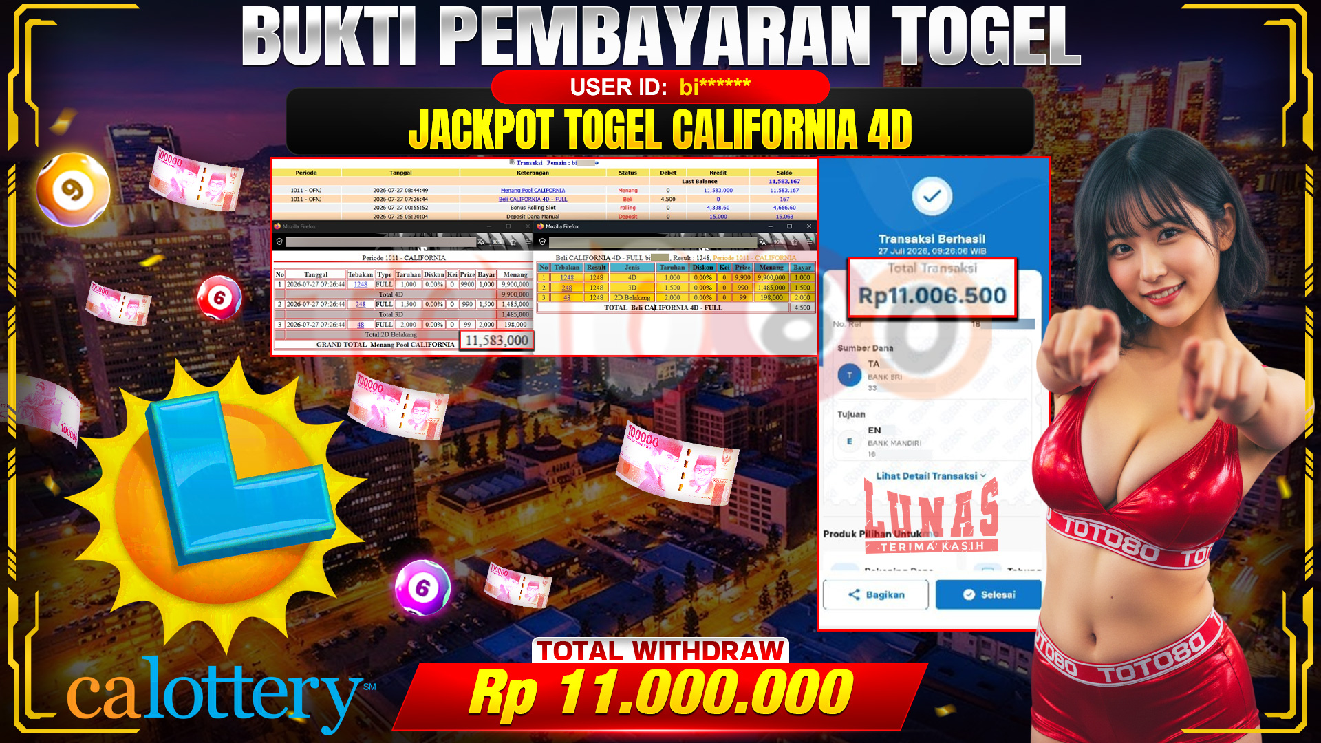 💰🎉 TOTO80 – JACKPOT TOGEL CALIFORNIA 4D RP. 11,000,000,- TELAH DIBAYARKAN! 💰🎉