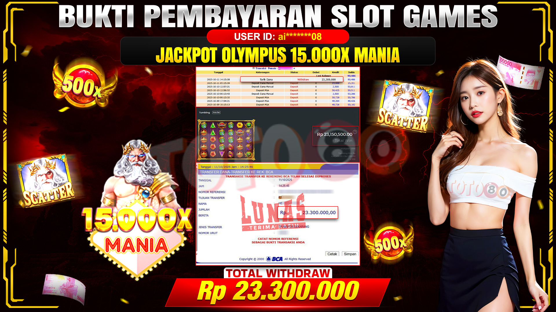🎉 TOTO80 – JACKPOT SLOT OLYMPUS 15.000X MANIA RP.23.300.000,- TELAH DIBAYARKAN! 🎉