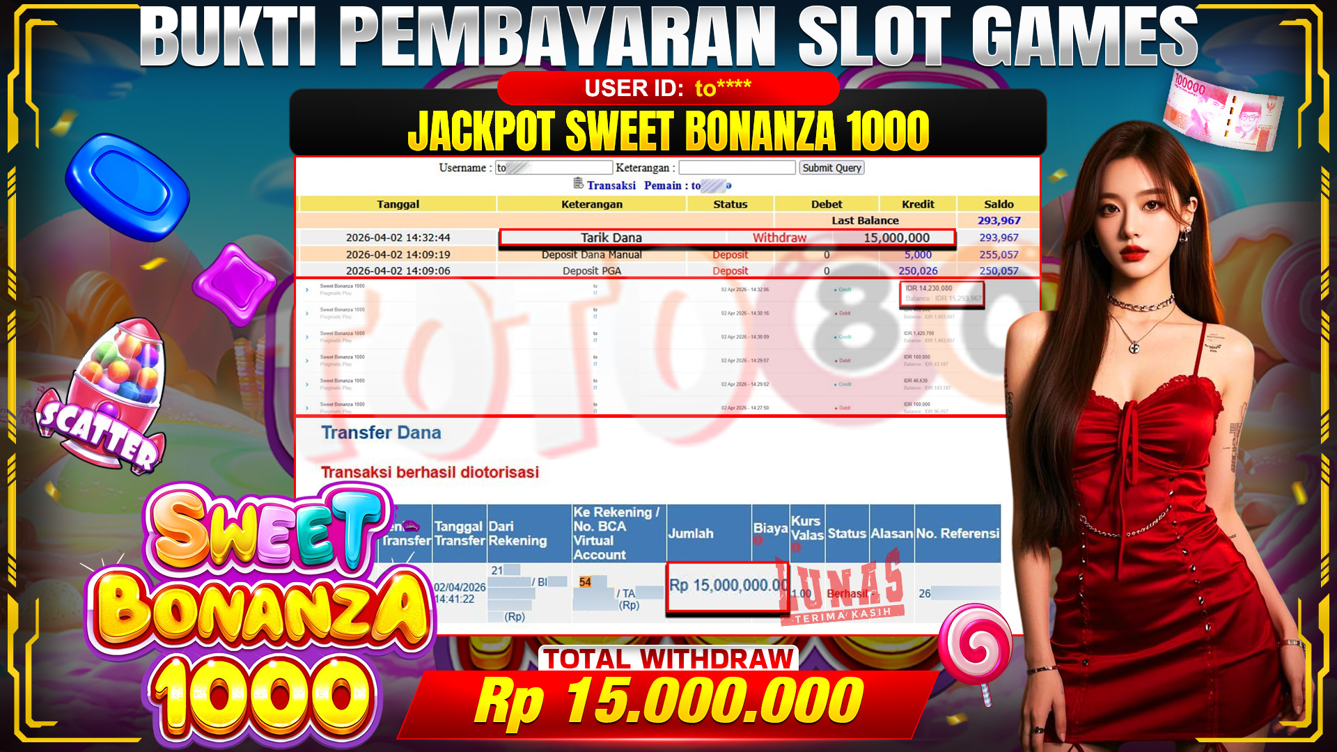 💰🎉 TOTO80 – JACKPOT SLOT SWEET BONANZA RUSH RP. 15,000,000,-TELAH DIBAYARKAN!💰🎉