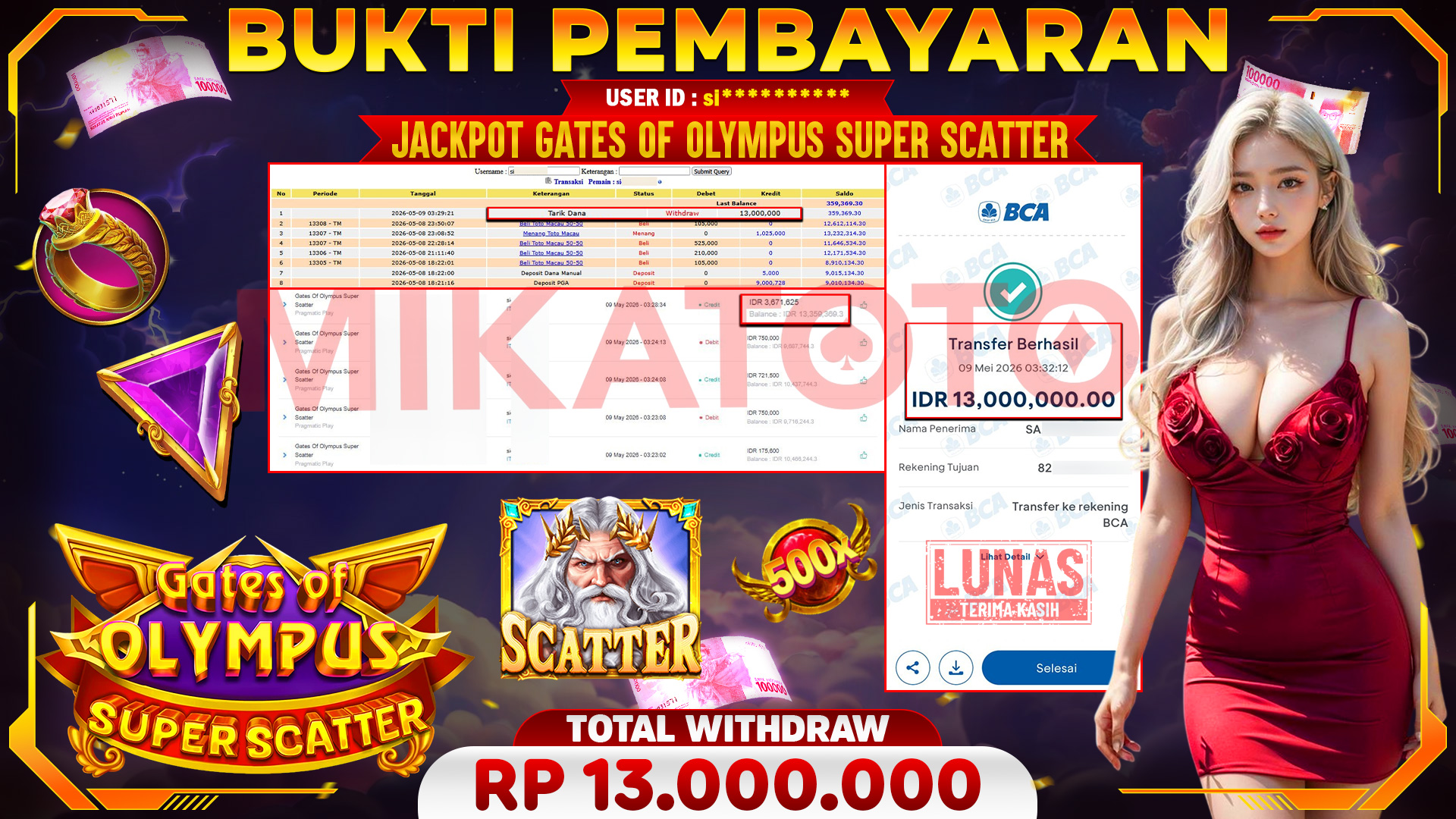 🏆 SELAMAT KEPADA PEMENANG JACKPOT DI Gates Of Olympus Super Scatter - Pragmatic Play 13,000,000🏆