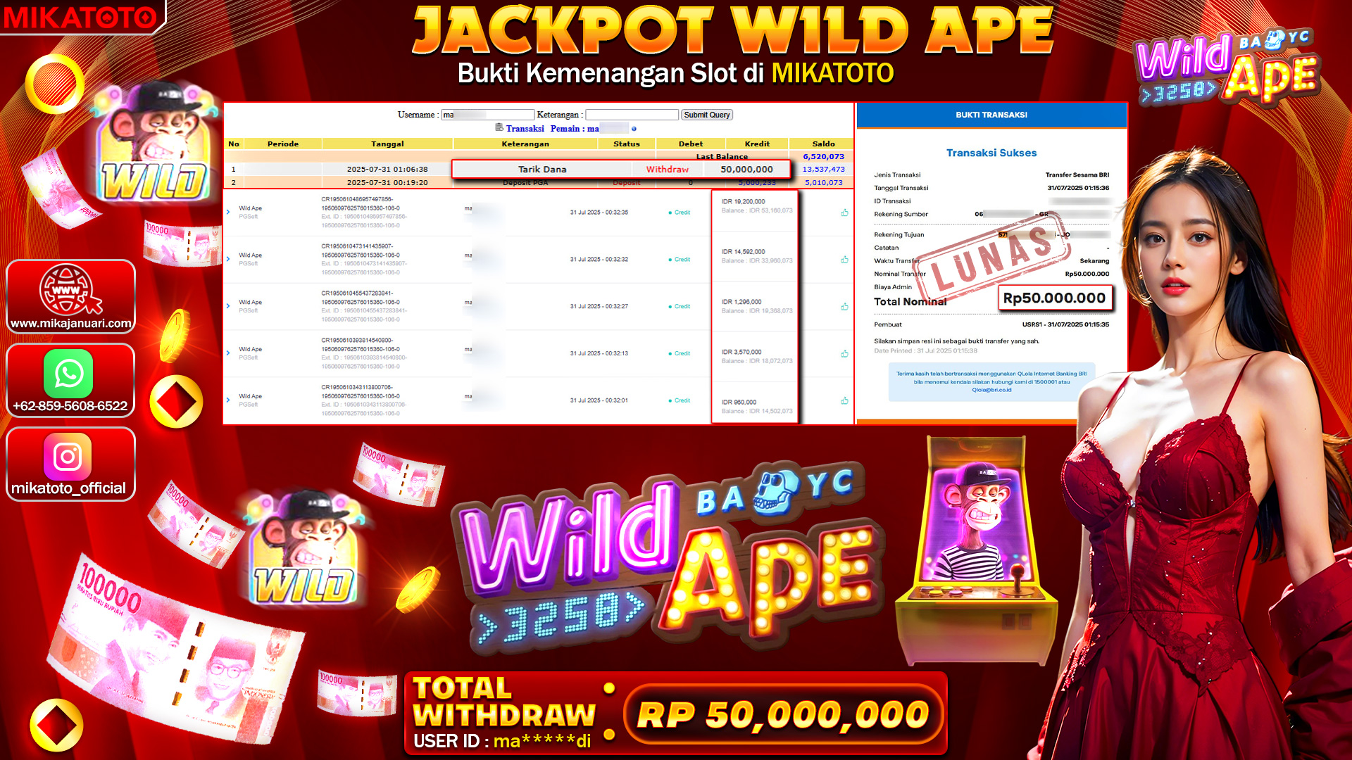 🏆 SELAMAT KEPADA PEMENANG JACKPOT DI  Wild Ape 50,000,000🏆