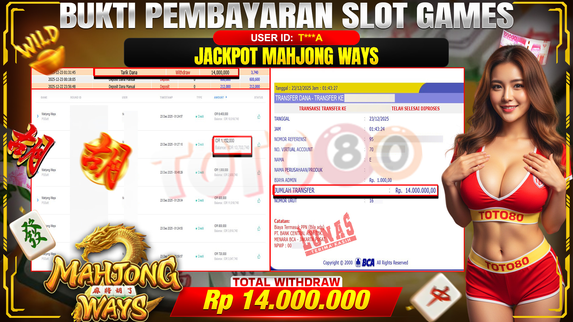 🎉 TOTO80 – JACKPOT SLOT MAHJONG WAYS  RP. 14,000,000,- TELAH DIBAYARKAN! 🎉