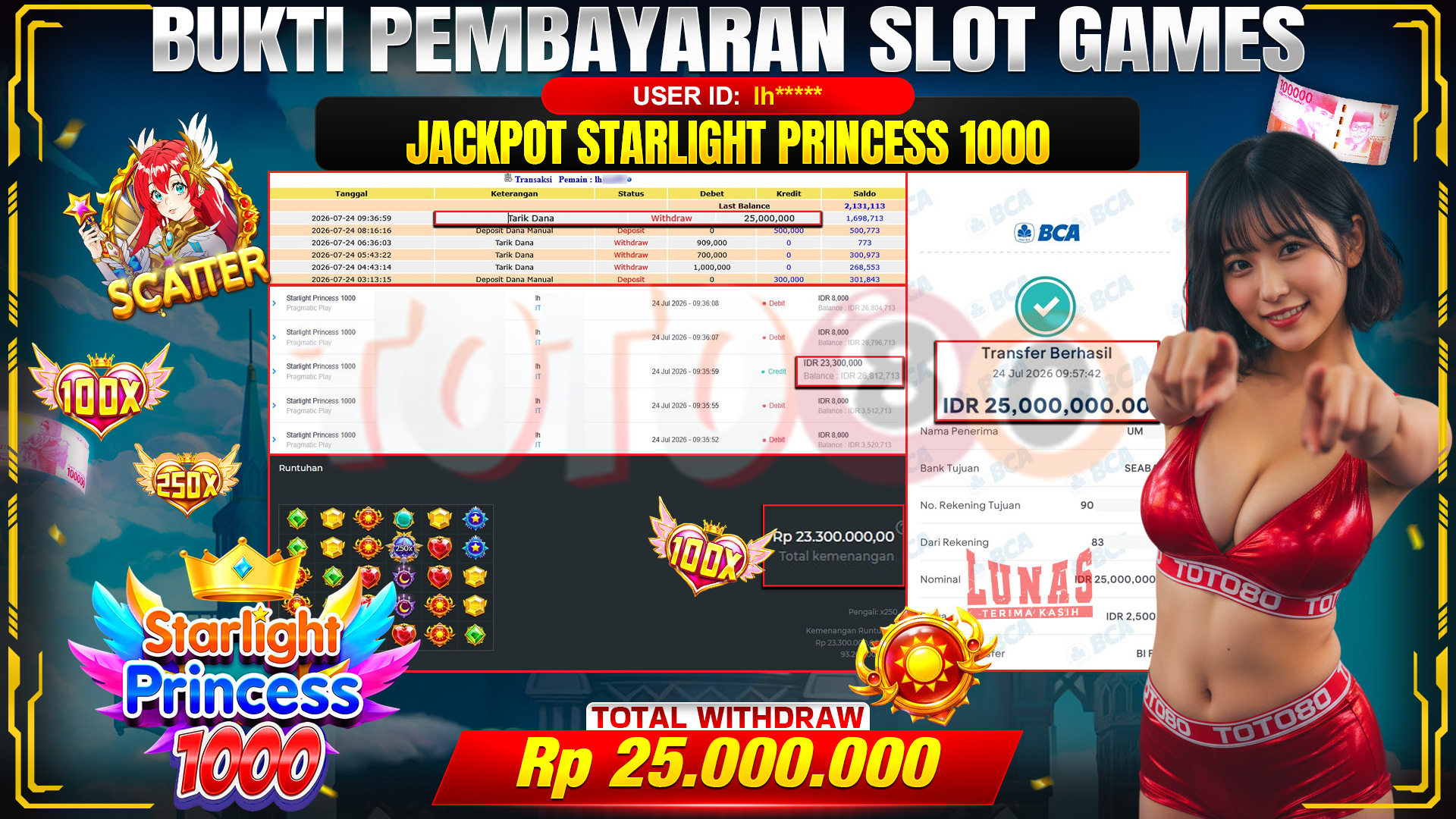 💰🎉 TOTO80 – JACKPOT SLOT STARLIGHT PRINCESS 1000 RP. 25,000,000,- TELAH DIBAYARKAN!💰🎉