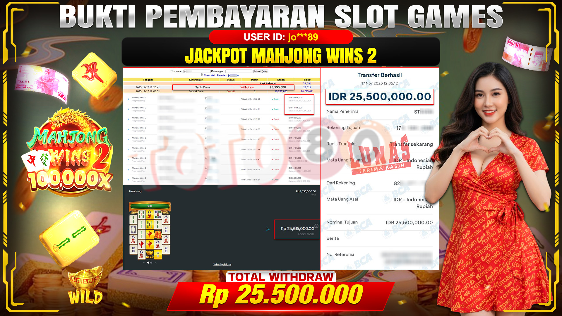 🎉 TOTO80 – JACKPOT SLOT MAHJONG WINS 2 RP.25,500,000,- TELAH DIBAYARKAN! 🎉