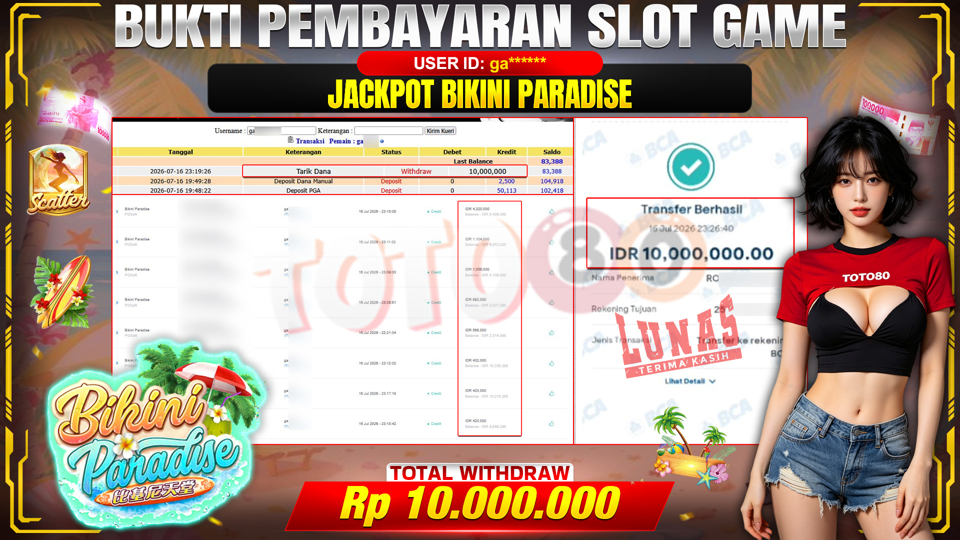 💰🎉 TOTO80 – JACKPOT SLOT BIKINI PARADISE  RP. 10,000,000,- TELAH DIBAYARKAN!💰🎉