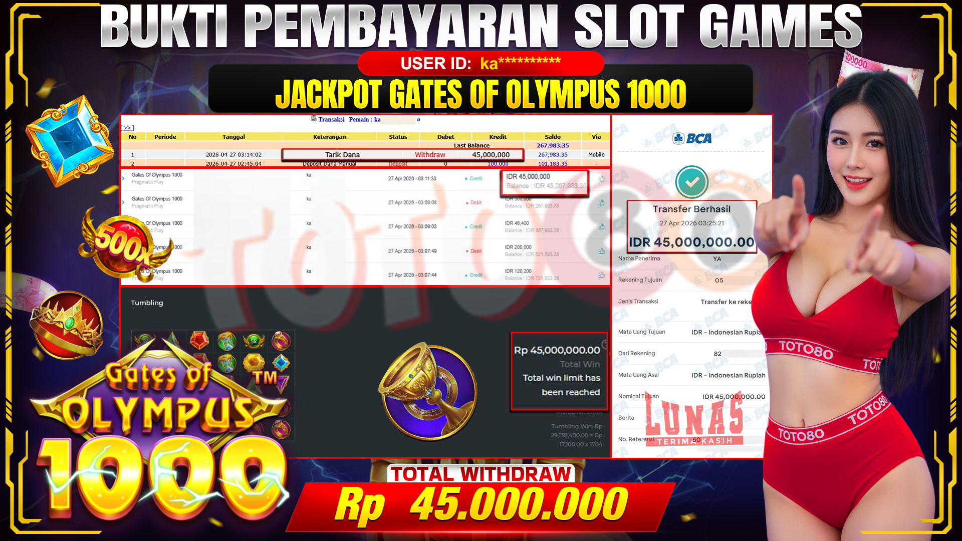💰🎉 TOTO80 – JACKPOT SLOT GATES OF OLIMPUS 1000  RP. 45,000,000,-  TELAH DIBAYARKAN!💰🎉