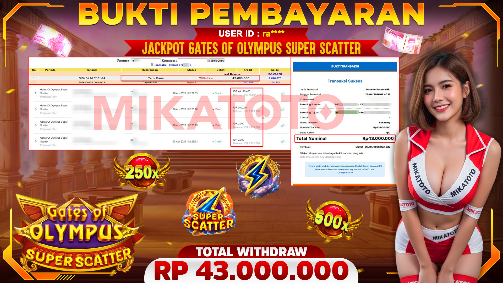 🏆 SELAMAT KEPADA PEMENANG JACKPOT DI Gates Of Olympus Super Scatter - Pragmatic Play 43,000,000🏆