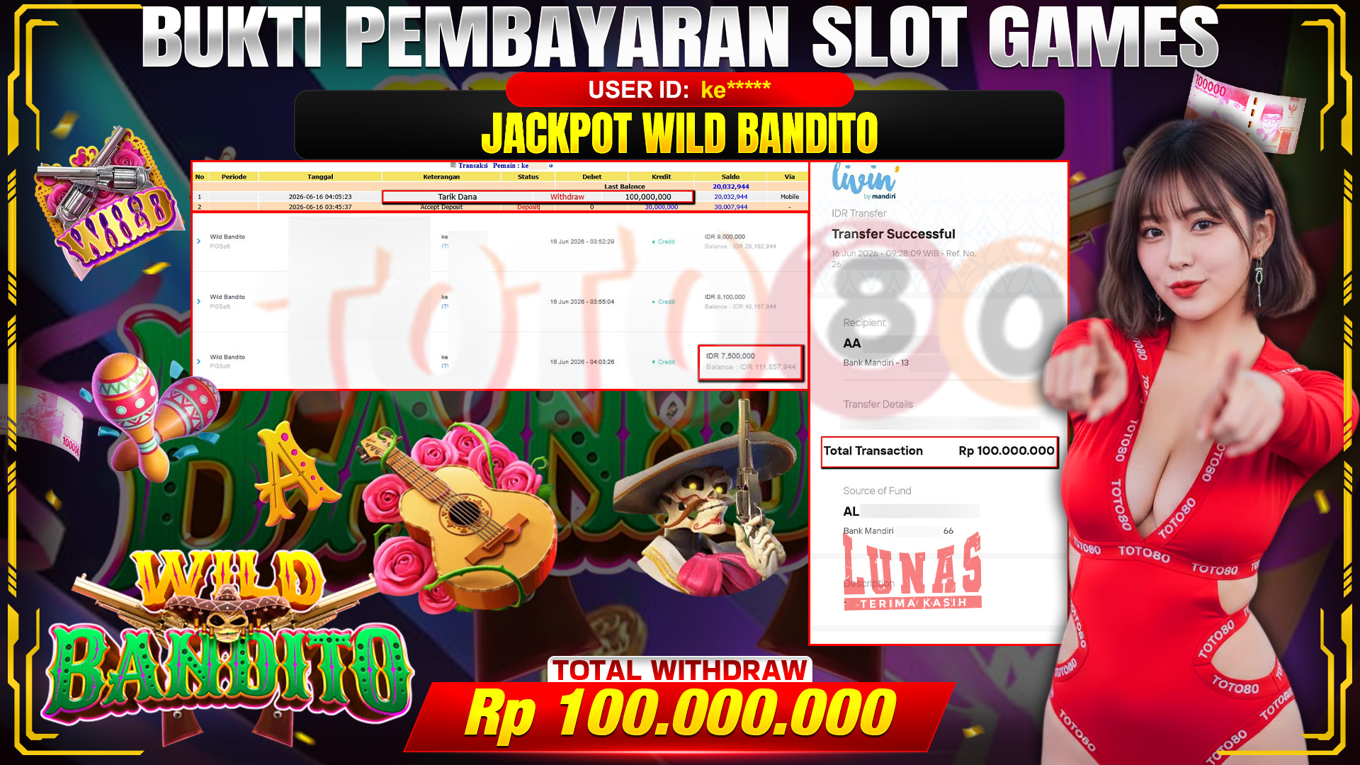 💰🎉 TOTO80 – JACKPOT SLOT WILD BANDITO RP. 100,000,000,-  TELAH DIBAYARKAN!💰🎉