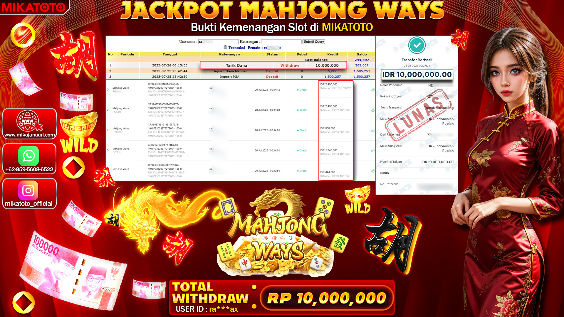 🏆 SELAMAT KEPADA PEMENANG JACKPOT DI  Mahjong Ways 10,000,000🏆