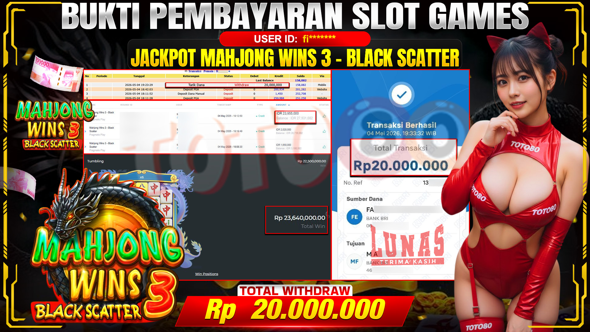 💰🎉 TOTO80 – JACKPOT SLOT MAHJONG WINS 3 - BLACK SCATTER RP. 20,000,000,- TELAH DIBAYARKAN!💰🎉