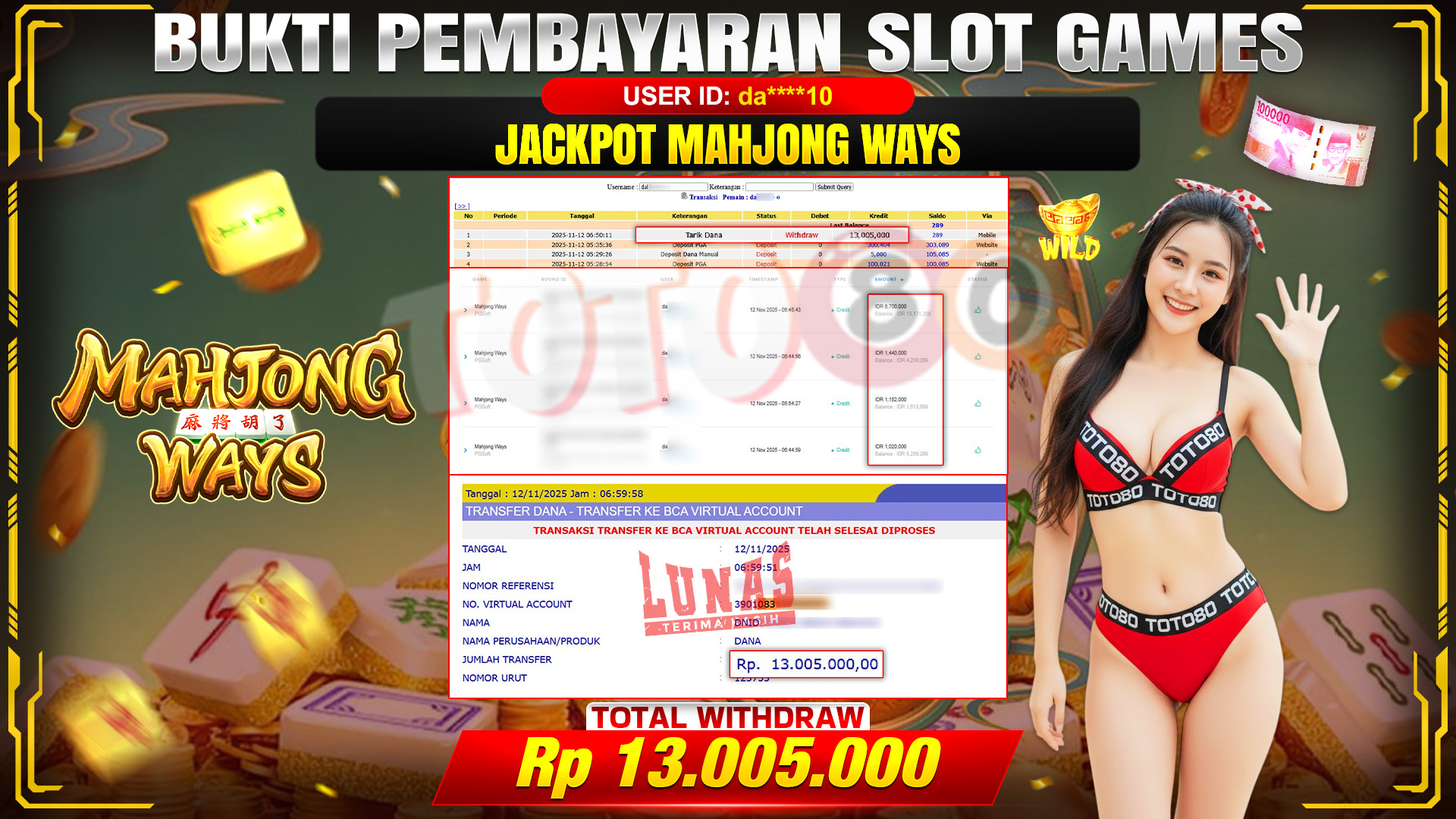 🎉 TOTO80 – JACKPOT SLOT MAHJONG WAYS RP.13.005.000,- TELAH DIBAYARKAN! 🎉