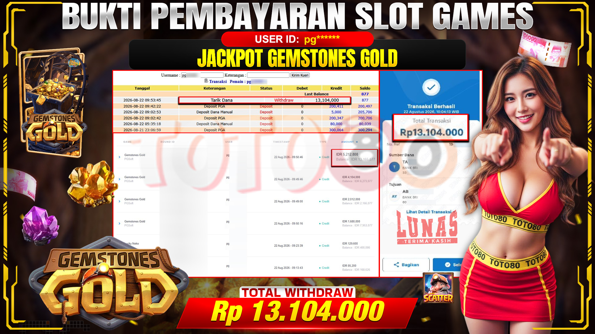 💰🎉 TOTO80 – JACKPOT SLOT GEMSTONES GOLD RP. 13,104,000,-  TELAH DIBAYARKAN!💰🎉