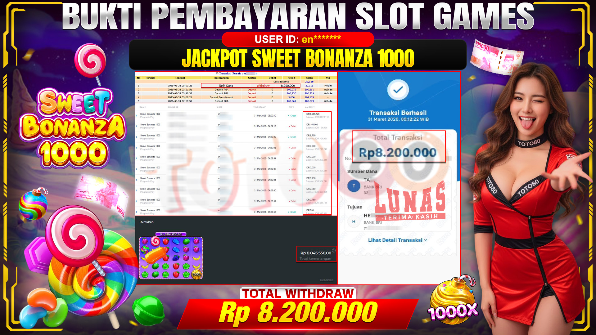 💰🎉TOTO80 – JACKPOT SLOT SWEET BONANZA 1000  RP. 8,200,000,- TELAH DIBAYARKAN! 💰🎉