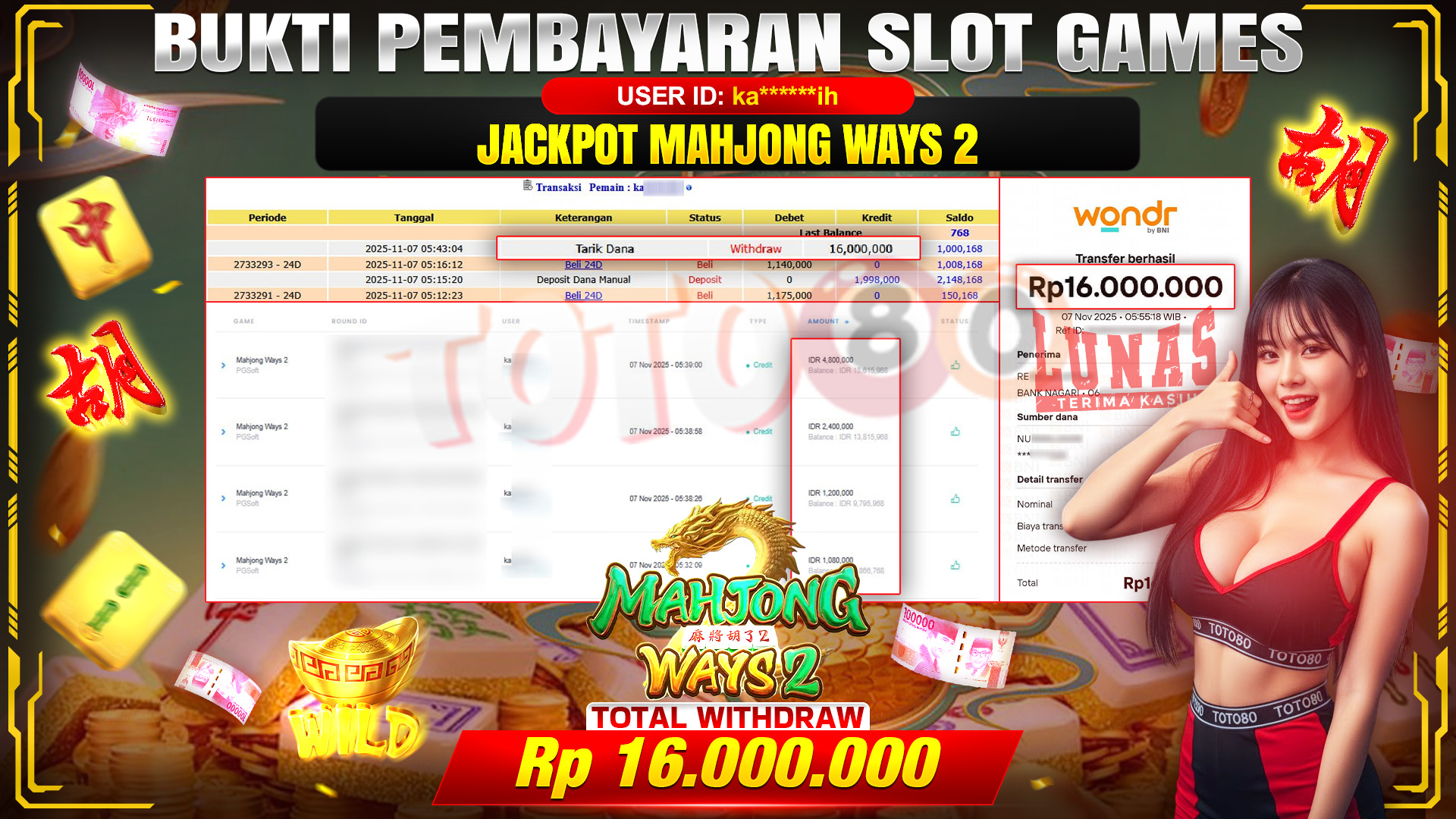 🎉 TOTO80 – JACKPOT SLOT MAHJONG WAYS 2 RP.16.000.000,- TELAH DIBAYARKAN! 🎉