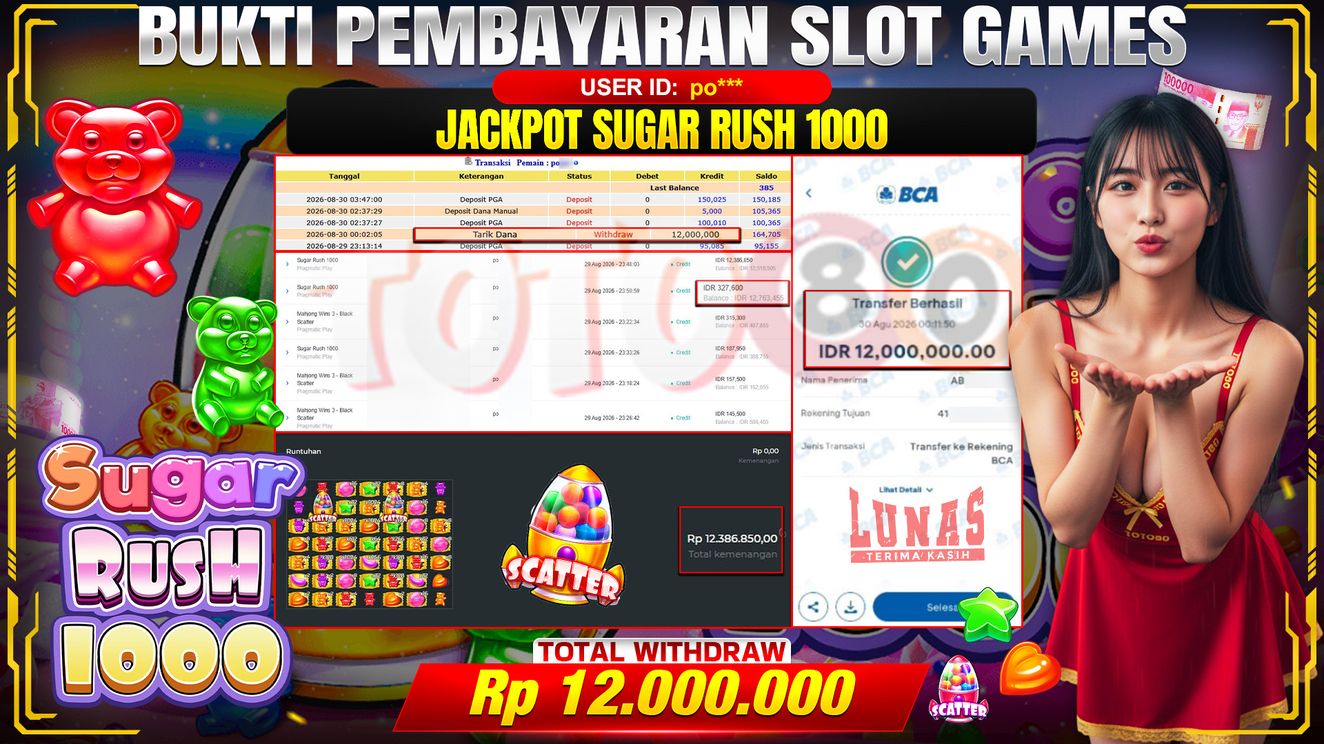 💰🎉 TOTO80 – JACKPOT SLOT SUGAR RUSH 1000 RP. 12,000,000,- TELAH DIBAYARKAN!💰🎉
