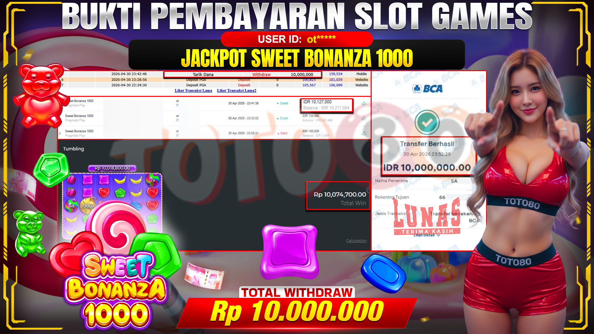 💰🎉 TOTO80 – JACKPOT SLOT SWEET BONANZA 1000 RP. 10,000,000,-TELAH DIBAYARKAN!💰🎉