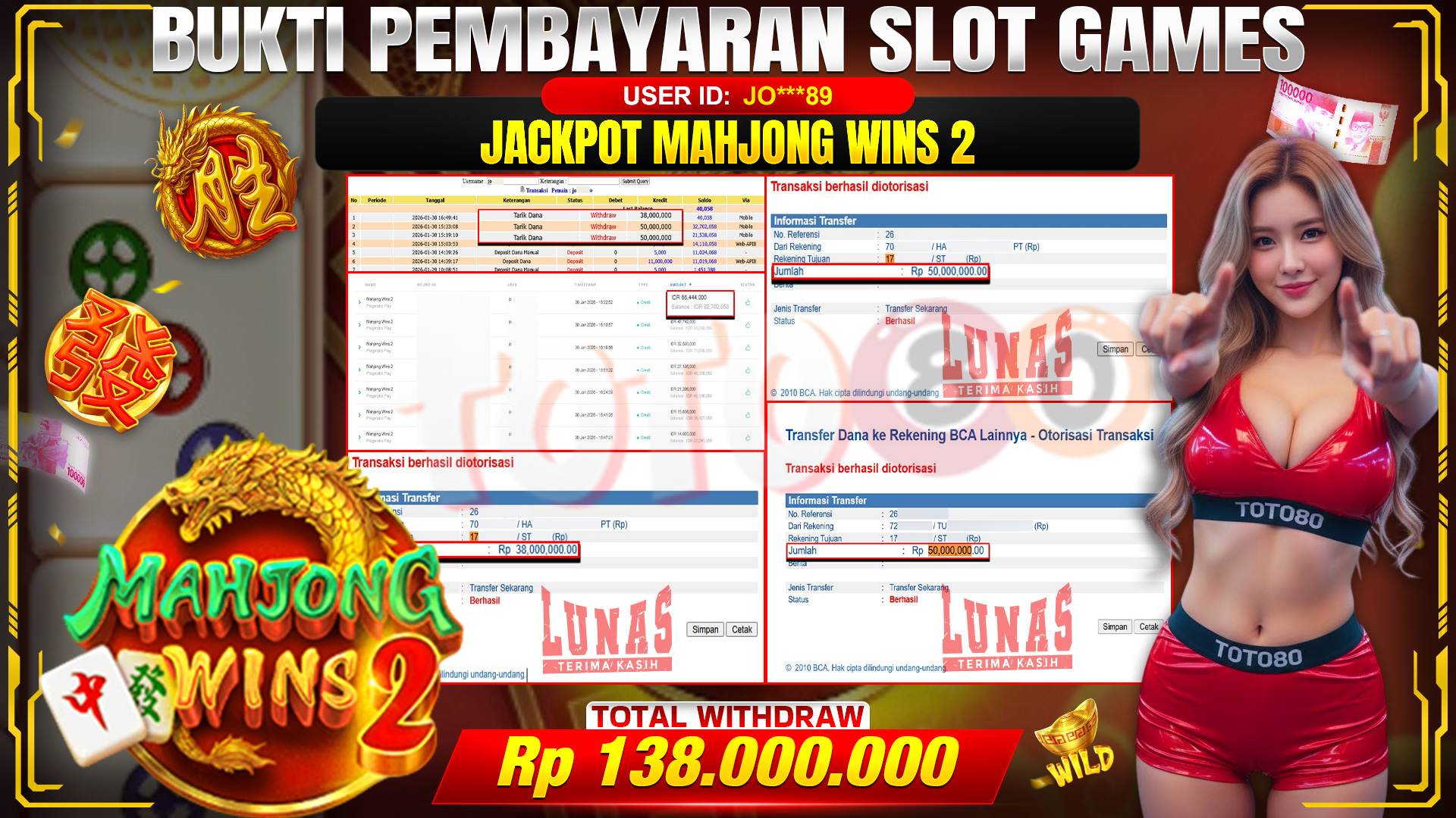 🎉 TOTO80 – JACKPOT SLOT MAHJONG WINS 2 RP. 138,000,000,- TELAH DIBAYARKAN! 🎉