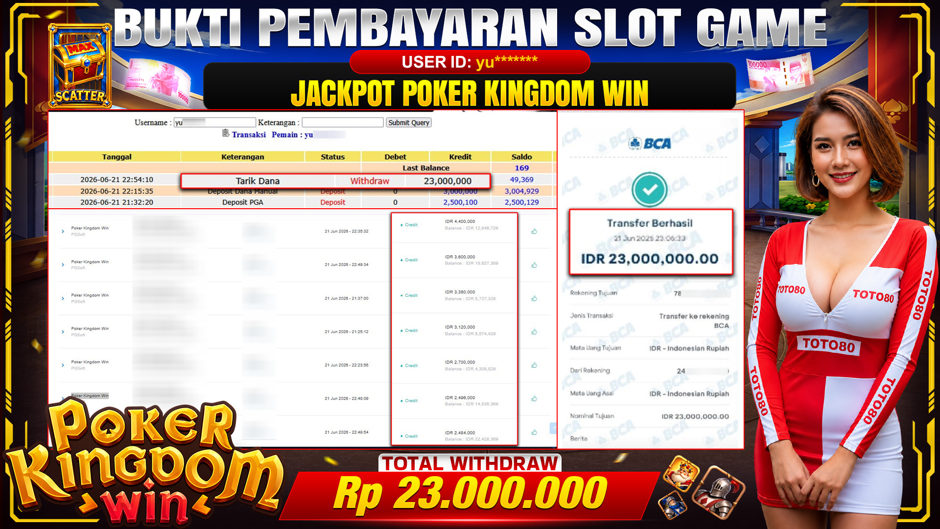 💰🎉 TOTO80 – JACKPOT SLOT POKER KINGDOM WIN RP. 23.000,000,-   TELAH DIBAYARKAN!💰🎉