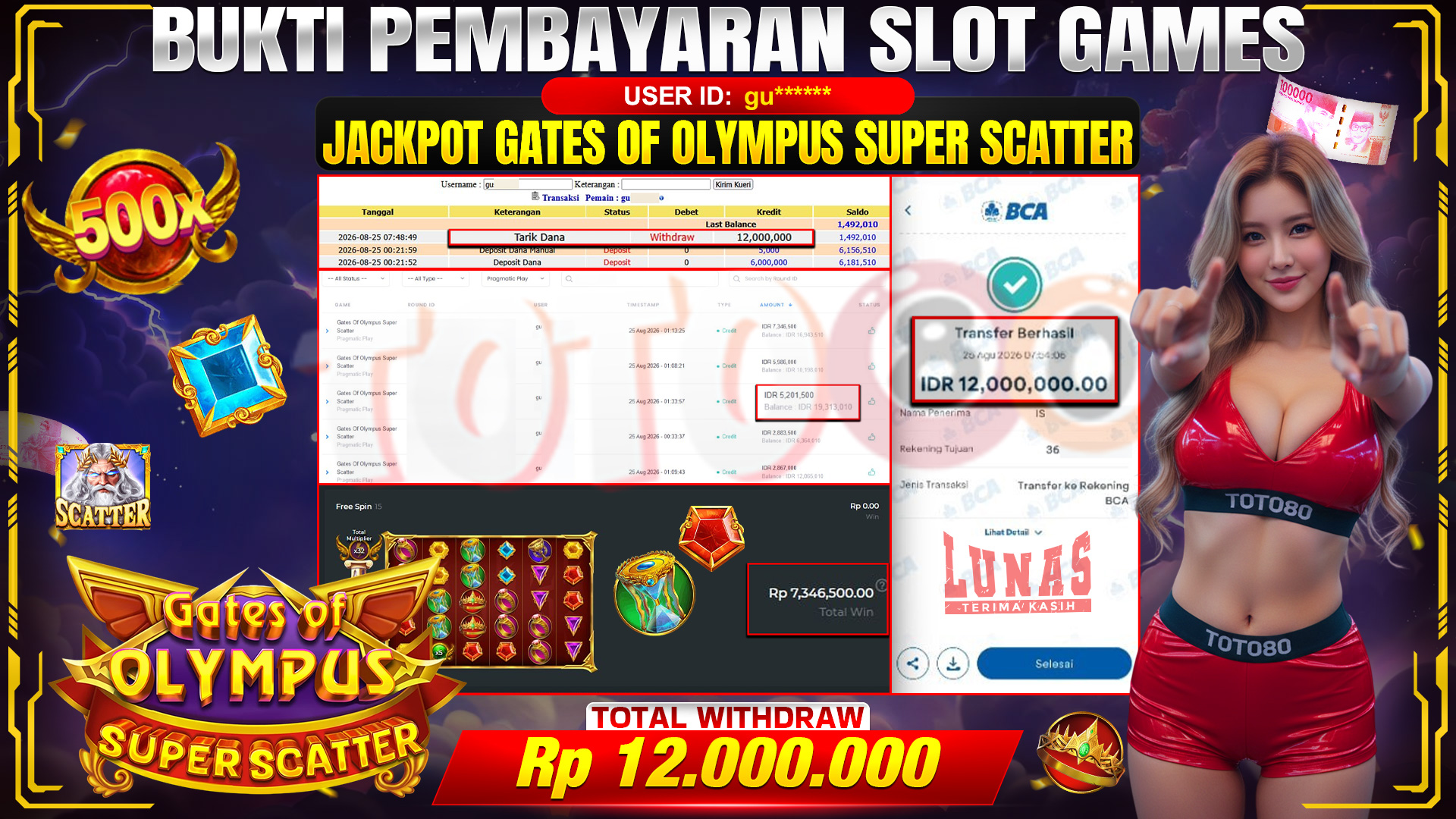 💰🎉 TOTO80 – JACKPOT SLOT GATES OF OLYMPUS SUPER SCATTER RP. 12,000,000,-  TELAH DIBAYARKAN!💰🎉