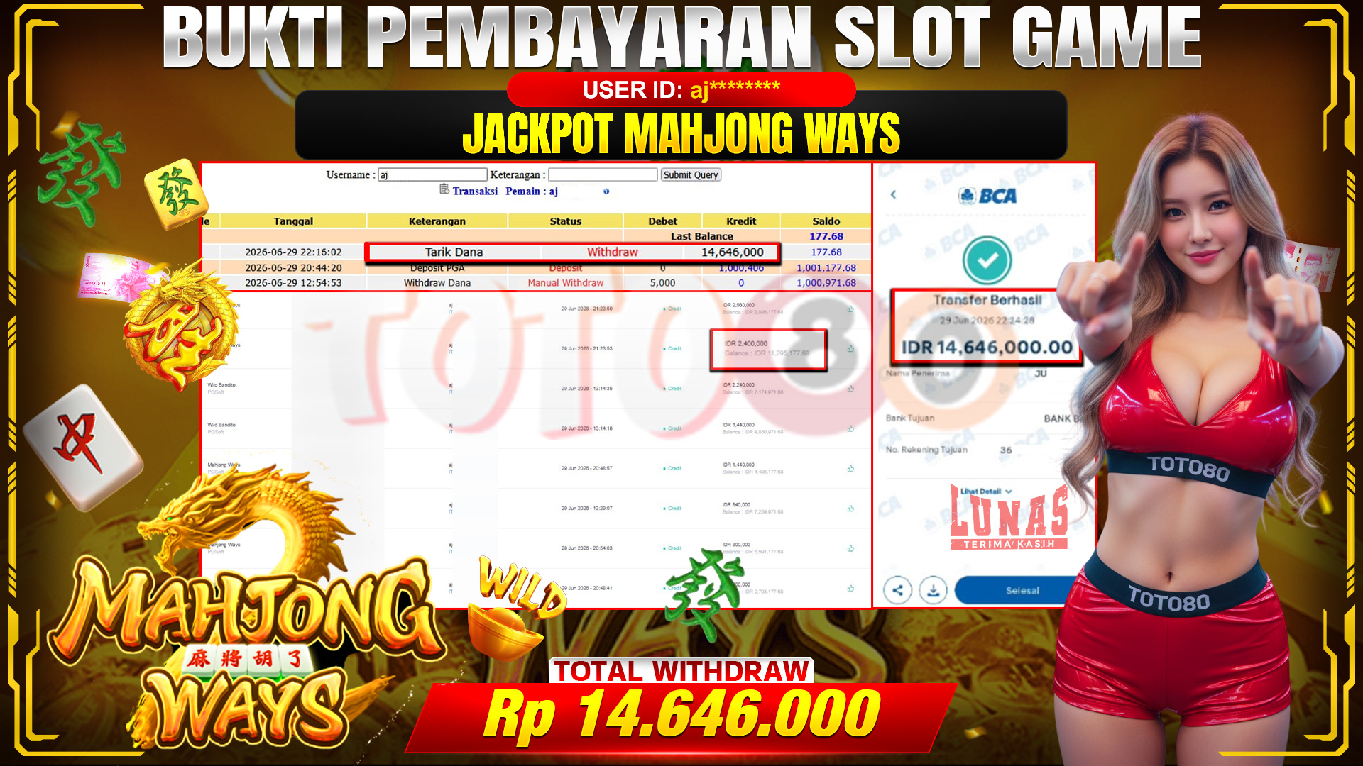 💰🎉 TOTO80 – JACKPOT SLOT MAHJONG  WAYS  RP. 14,646,000,-   TELAH DIBAYARKAN!💰🎉