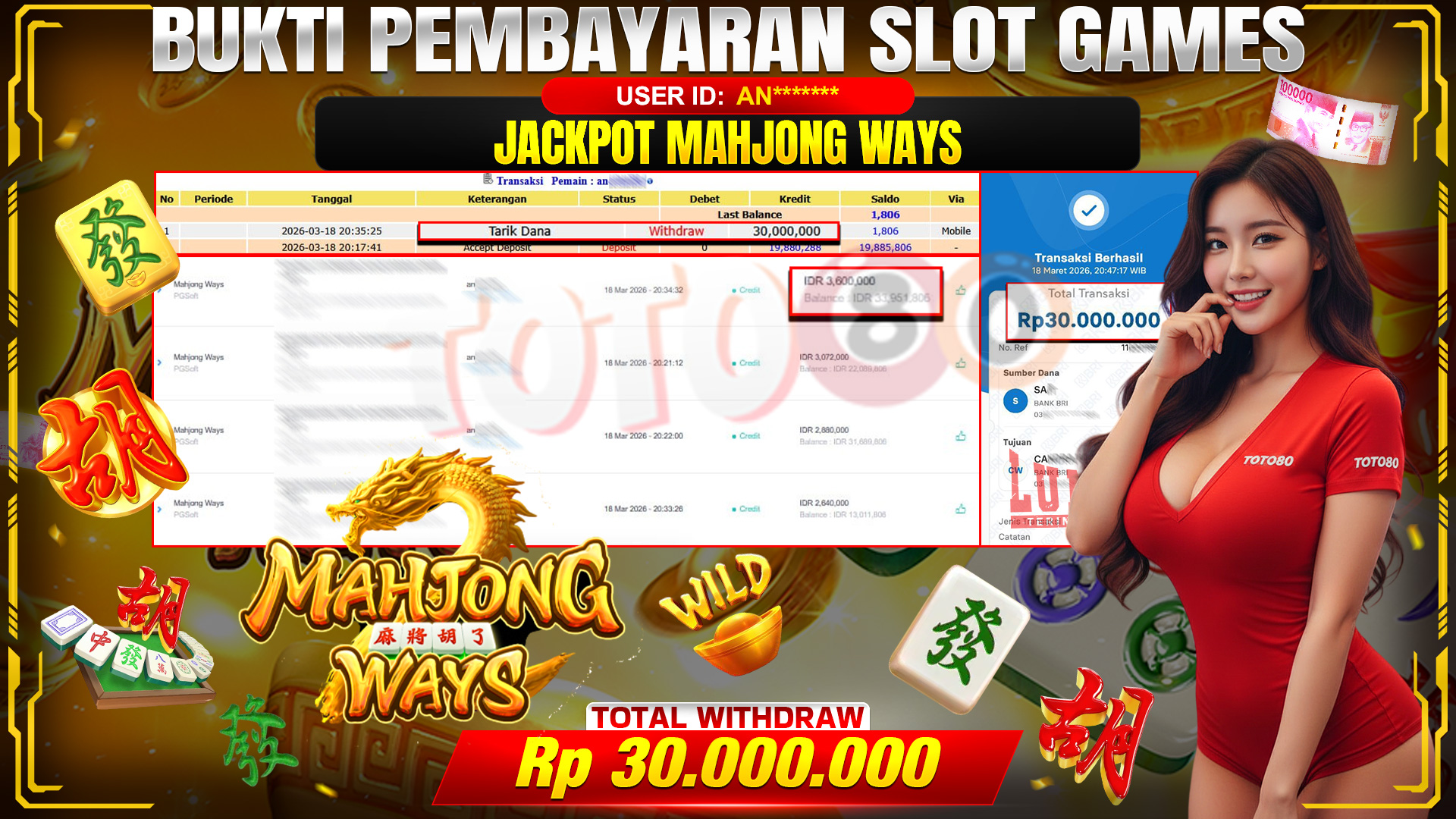 💰🎉 TOTO80 – JACKPOT SLOT MAHJONG WAYS RP. 30,000,000,- TELAH DIBAYARKAN!💰🎉