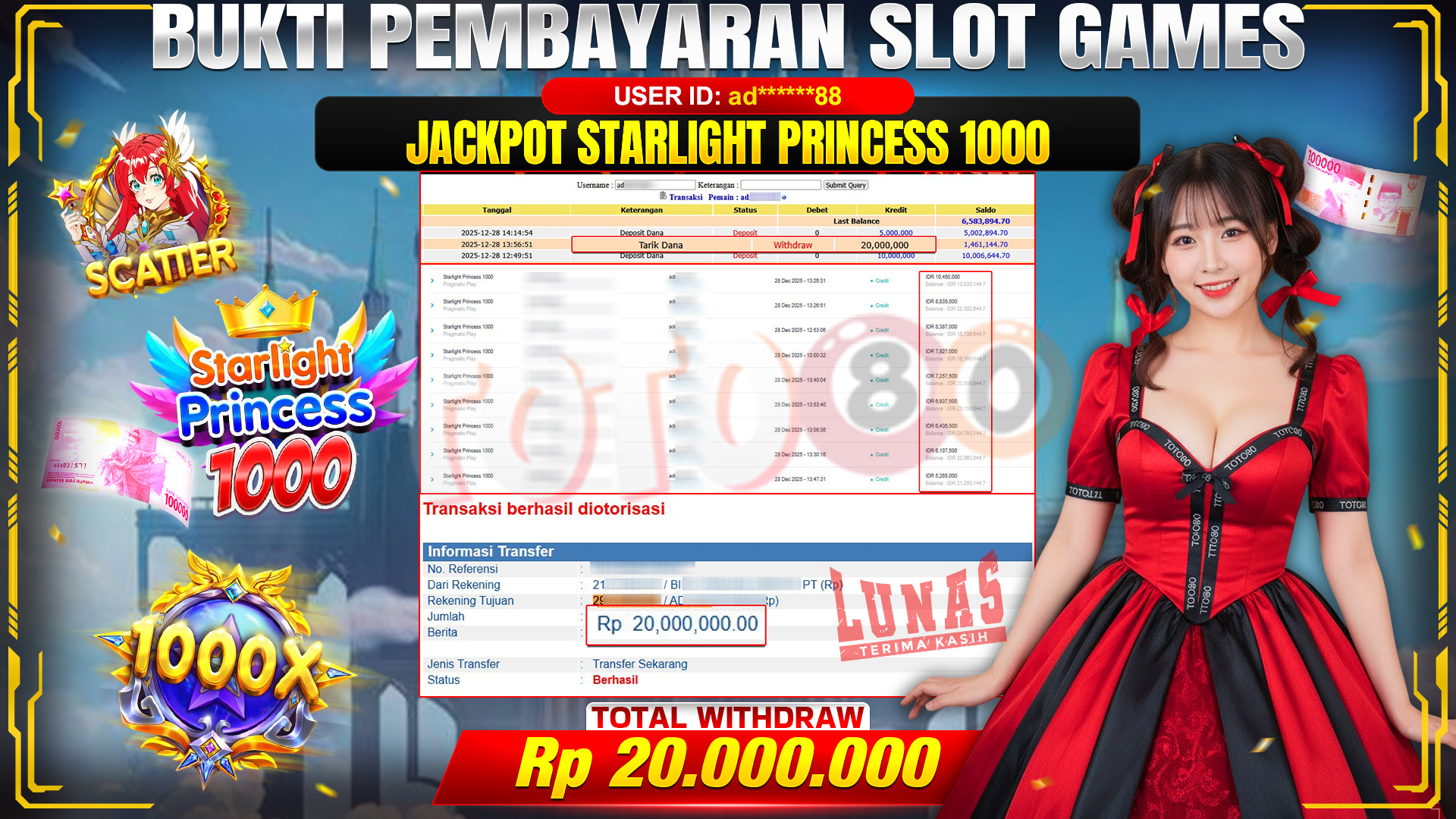 🎉 TOTO80 – JACKPOT SLOT STARLIGHT PRINCESS 1000 RP. 20,000,000,- TELAH DIBAYARKAN! 🎉