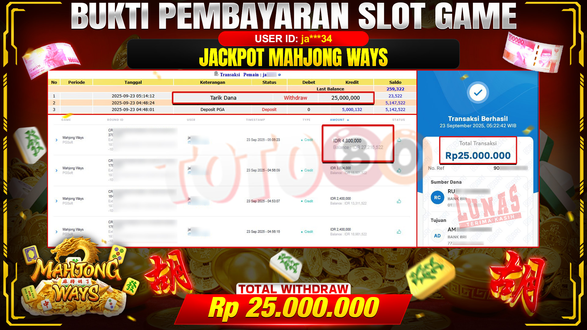 🎉 TOTO80 – JACKPOT MAHJONG WAYS RP.25,000,000,- TELAH DIBAYARKAN! 🎉