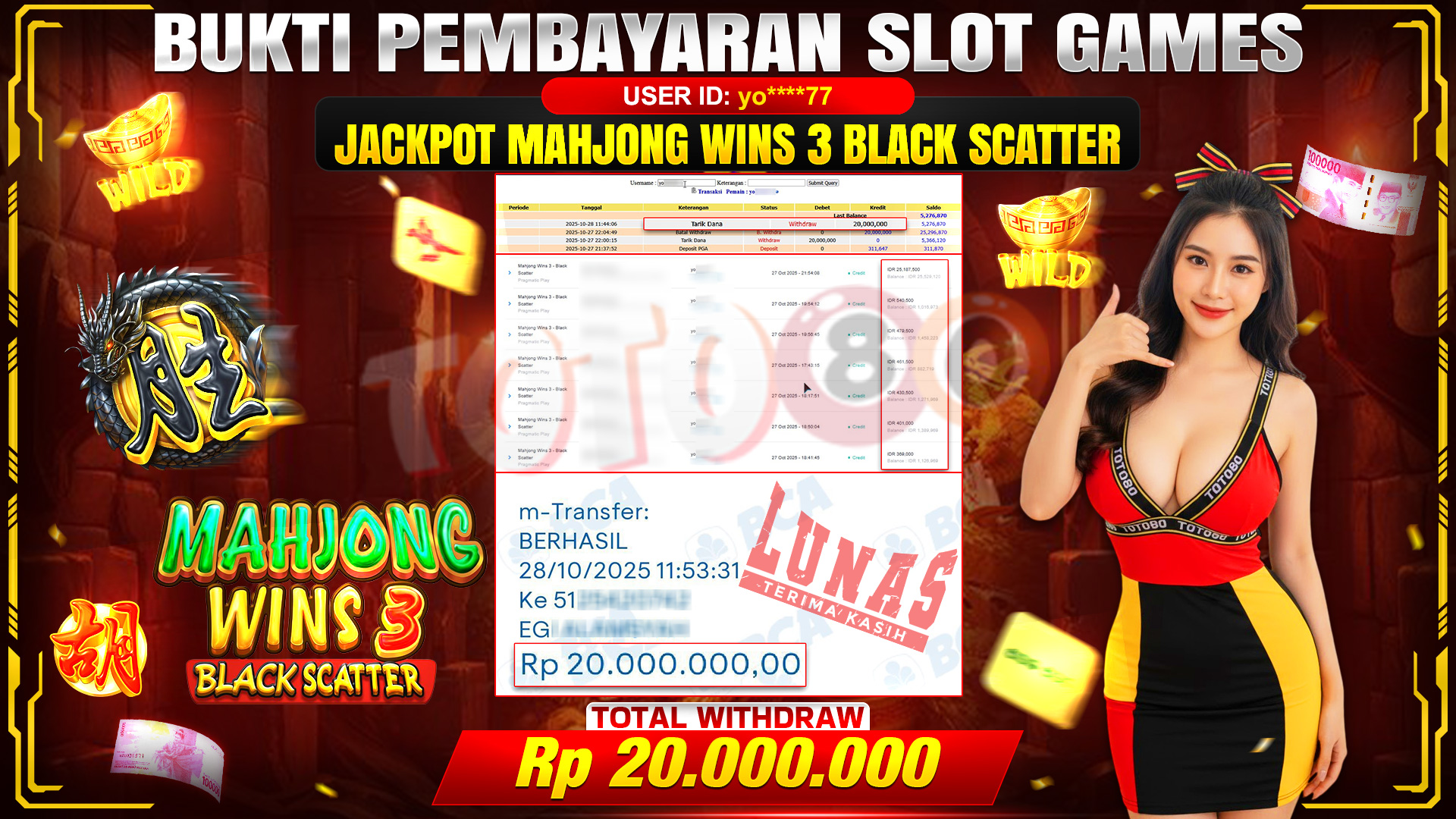 🎉 TOTO80 – JACKPOT SLOT MAHJONG WINS 3 BLACK SCATTER RP.20.000.000,- TELAH DIBAYARKAN! 🎉