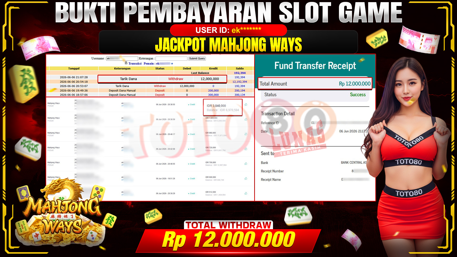 💰🎉 TOTO80 – JACKPOT SLOT MAHJONG  WAYS  RP. 12.000,000,-  TELAH DIBAYARKAN!💰🎉
