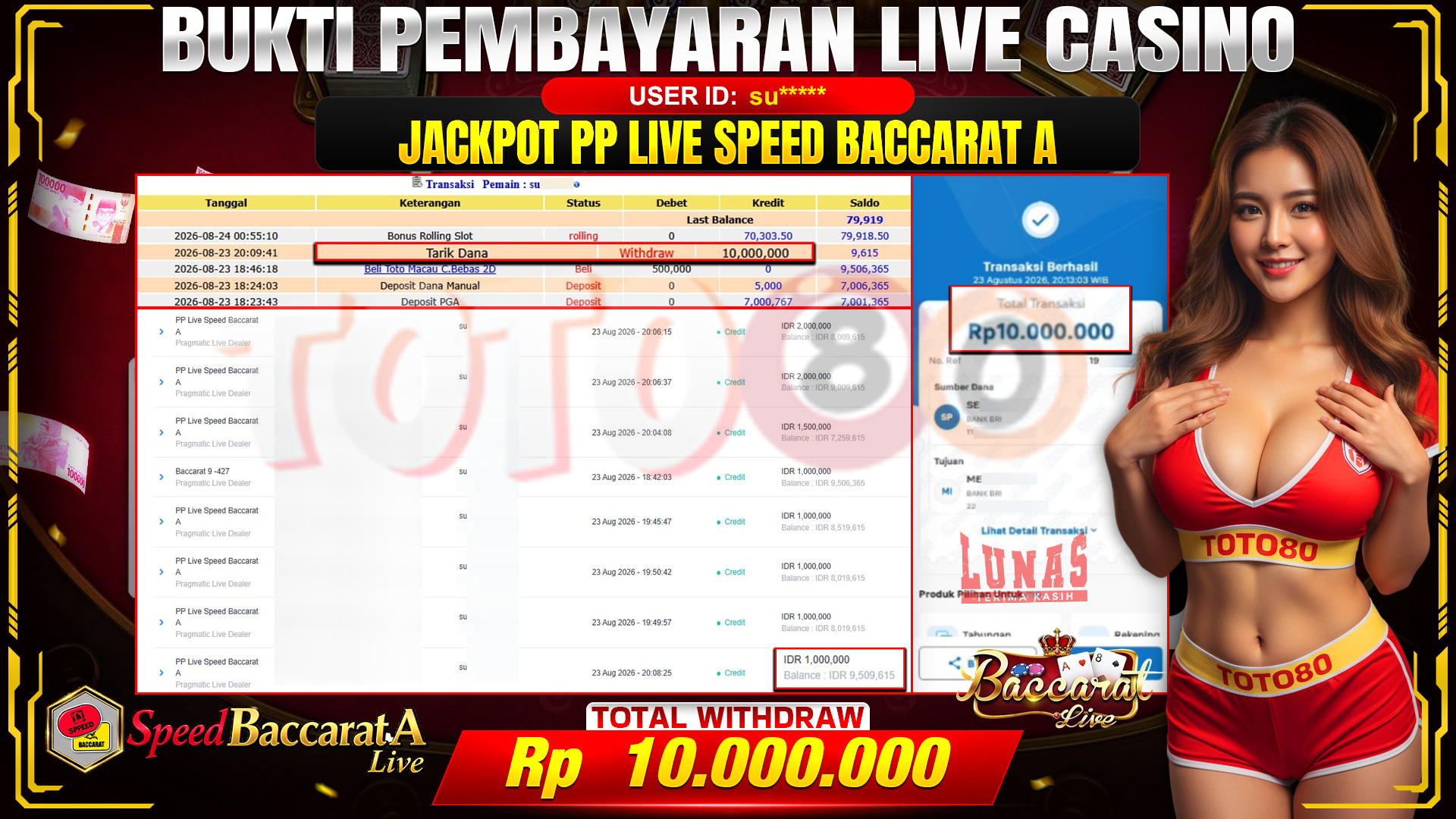 💰🎉 TOTO80 – JACKPOT PP LIVE  SPEED  BACCARAT A RP. 10,000,000,- TELAH DIBAYARKAN!💰🎉
