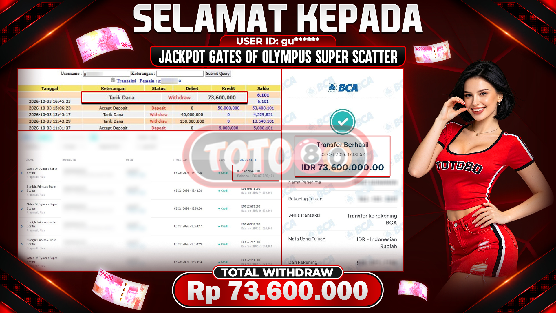 💰🎉 TOTO80 – JACKPOT SLOT GATES OF OLYMPUS  SUPER SCATTER  Rp. 73,600,000,-  TELAH DIBAYARKAN!💰🎉