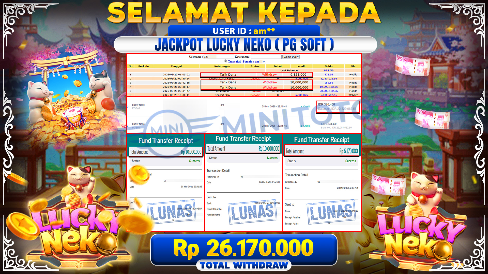 BUKTI JACPOT Lucky Neko - PGSoft