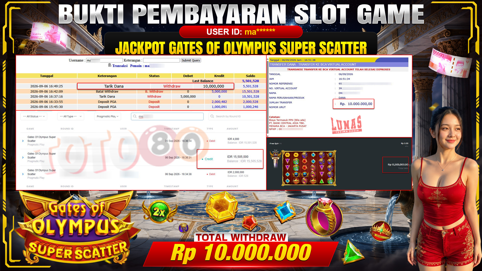 💰🎉 TOTO80 – JACKPOT SLOT GATES OF OLYMPUS  SUPER SCATTER  RP. 10,000,000,-  TELAH DIBAYARKAN!💰🎉